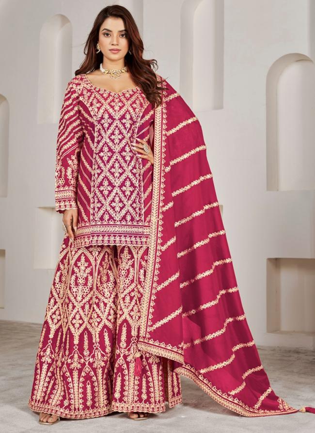 Premium Chinnon Pink Wedding Wear Embroidery Work Readymade Plazzo Suit